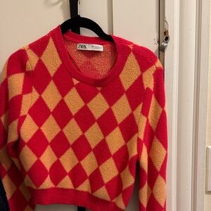 Zara Vibrant Red and Orange Checkered Sweater